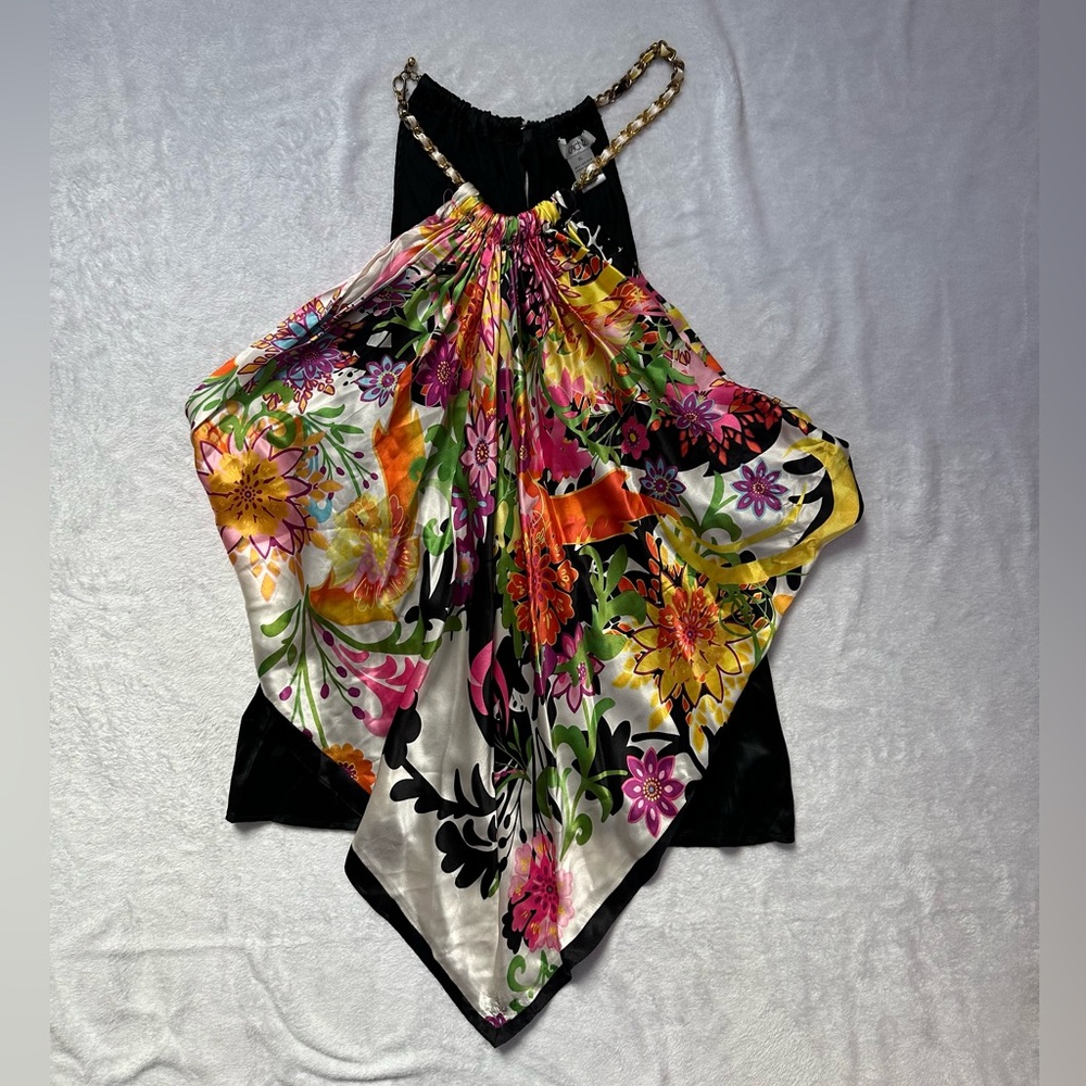 SOLD🩷Cache Vintage Y2K Silk Scarf Floral Print Halter Chain Top in Black Size XL - Picture 14 of 14